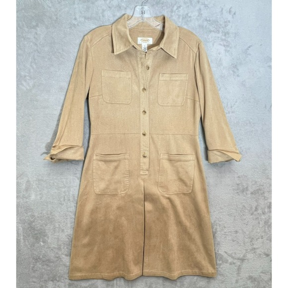 Talbots Dresses & Skirts - Talbots Petites Faux Suede Shirt Dress Tan Button Front Midi Size 4